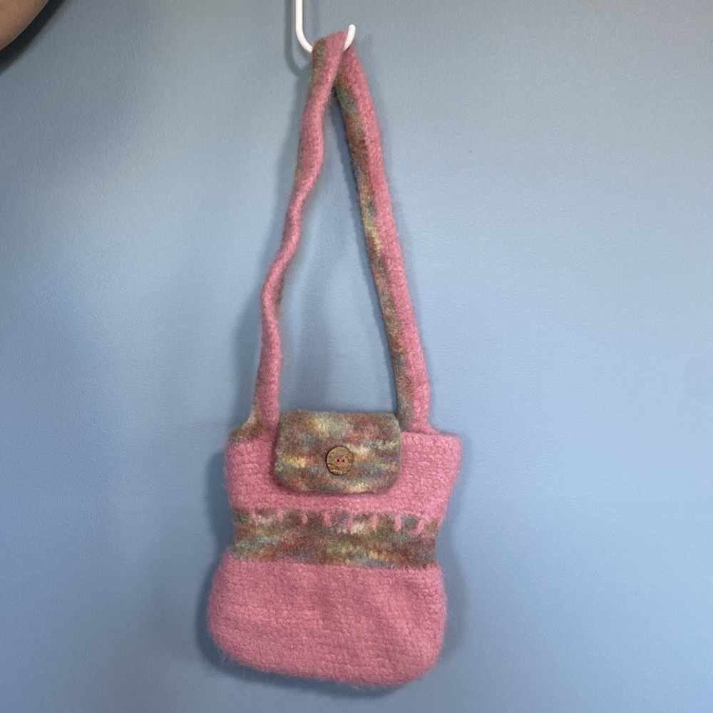 Felted wool Handmade Pink Shoulder Bag Medium Size-Strap 13.5" L 11" W 9"
